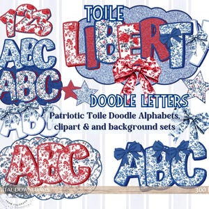 Alfabeto PNG de Toile rojo, blanco y azul, paquete de letras patrióticas coquetas, garabato alfa personalizado, paleta de brillo del 4 de julio, letra de garabato de marquesina