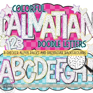 Alfabeto dálmata colorido (PNG, PDF), letras alfanuméricas, letras dálmatas (PNG), conjunto de 8 alfabetos de colores brillantes, boletín de marquesina de verificación