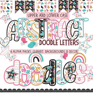 Colorful fun Alphabet Bundle PNG, upper lowercase, Alpha Doodle letters, Retro black pink Teacher font PNG, Classroom Marquee bulletin kit