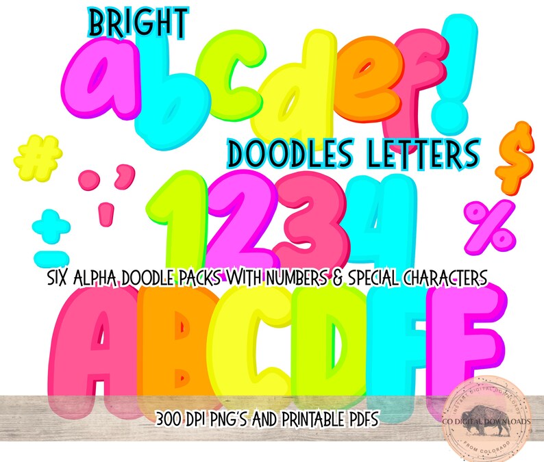 Bright Alphabet Bundle PNG PDF, Colorful Alpha Doodle Letters, Bubble ...