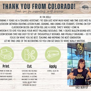 May include: A promotional image with text that reads "Thank You From Colorado!" and "Thank you for supporting small business." The image also includes instructions for printing, cutting, and applying classroom decorations.