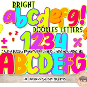 Paquete de alfabeto brillante PNG PDF, letras alfa coloridas de doodle, letras neón de burbuja PNG, conjunto alfa de 7 colores neón, letras de boletín imprimibles