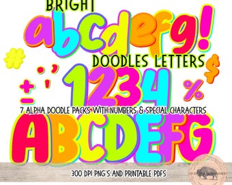 Bright Alphabet Bundle PNG PDF, colorful Alpha Doodle letters, Bubble neon alpha, Neon Color 7 Alpha Set, Printable bulletin letters