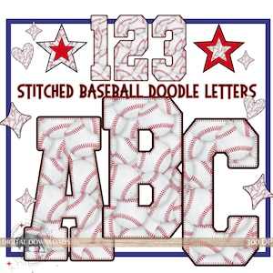 Peut inclure: Une conception numérique avec les lettres A, B et C, et les chiffres 1, 2 et 3. Les lettres et les chiffres sont remplis de balles de baseball et soulignés en noir. Les mots "Stitched Baseball Doodle Letters" sont affichés au-dessus des lettres.
