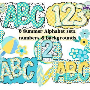 Alfabeto PNG de día de playa, paquete de letras de verano, garabato de surf, letra de garabato de cuadros azules y amarillos, fondo dálmata, boletín de garabatos de marquesina