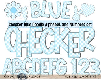Blue Alphabet png and clipart, pastel Checker doodle font, baby boy Numbers, Preppy Spring Easter, Printable Classroom Bulletin letters