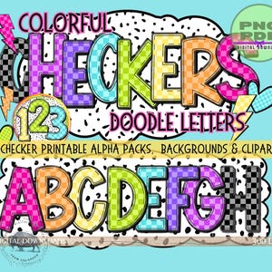 kleurrijk geblokt alfabetbundel PNG PDF, grote alfa-doodleletters, geblokte png, digitaal afdrukbaar prikbord, alfa-clipart selectiekader