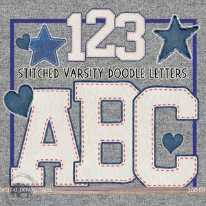 May include: Image features stitched varsity doodle letters and numbers in a playful design. The letters A, B, C, and numbers 1, 2, 3 are displayed in a white fabric with red stitching, set against a denim-like background. Blue stars and hearts add decorative elements.