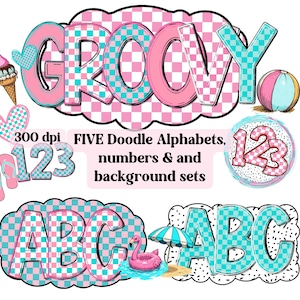 Alfabeto de cuadros de verano (en formato PNG y PDF), letras alfanuméricas, letras a cuadros (en formato PNG), conjunto de 6 letras alfanuméricas en color rosa y azul, letra de marquesina dálmata