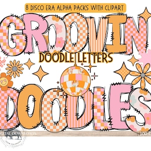 Alfabeto xadrez floral PNG, Pacote de alfabeto com rabiscos de discoteca, Letras e números rosa e laranja, Sublimação retrô, Boletim Alpha Groovy para impressão