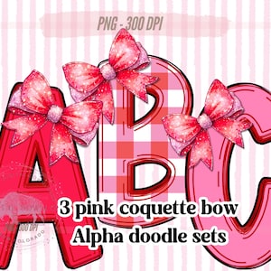Pacote de letras png de alfabeto coquete rosa, alfabeto rosa para meninas PNG, guingão grandmillenial elegante, laço rosa cereja, conjunto de letras doodle