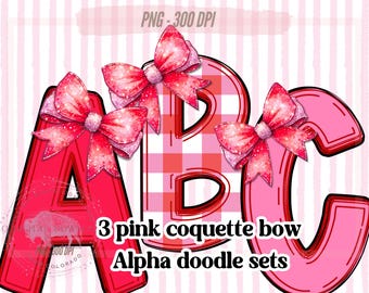 Pink doodle Alphabet PNG Bundle: Pink gingham letters, Red coquette bow letters, alpha Set for sublimation or bulletin board, Valentine font