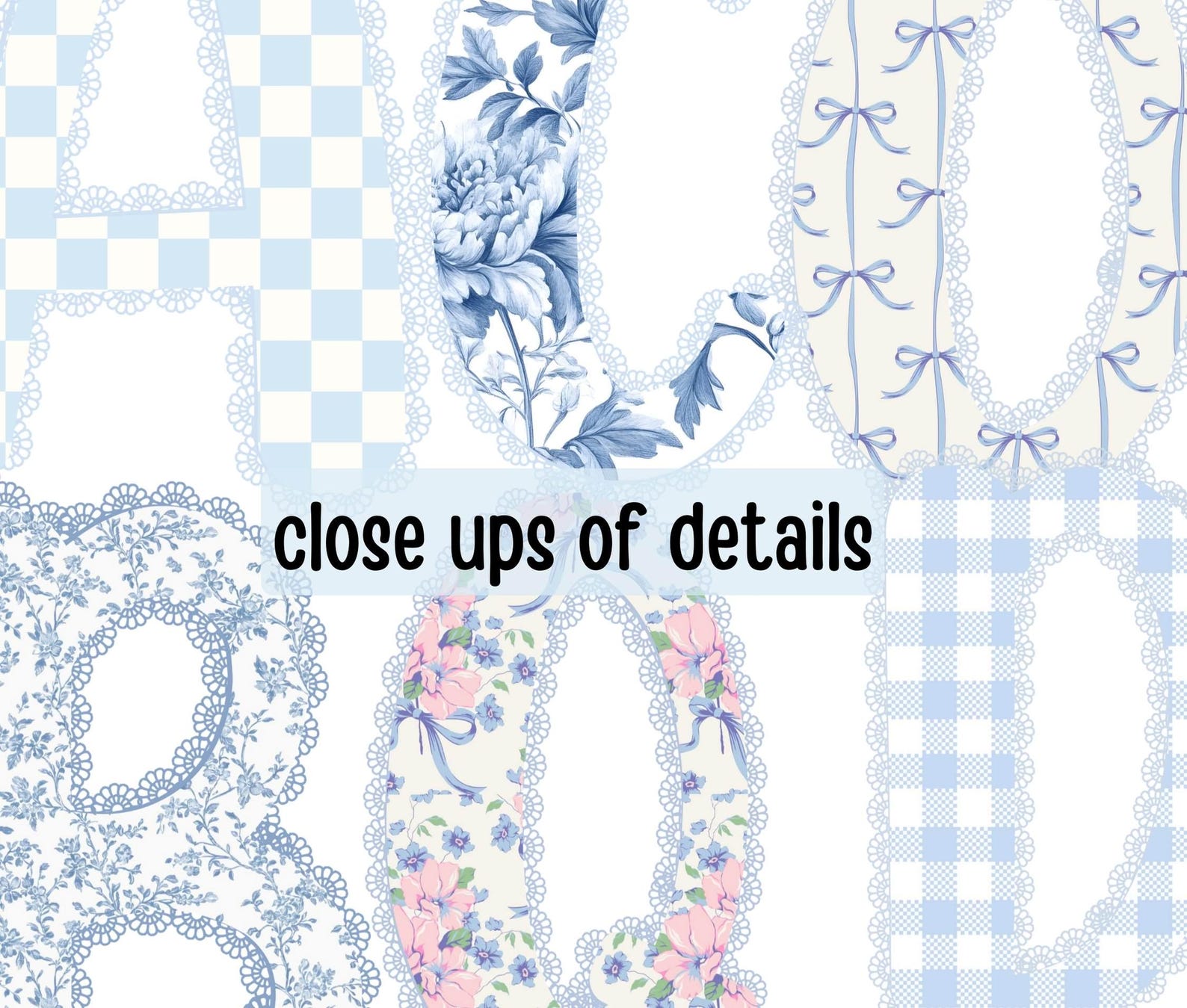 Lace Floral Alphabet PNG Bundle, Preppy Blue Toile Letters, Bow Digital ...