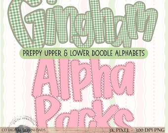 Preppy pink and green spring Alphabet Bundle PNG upper & lower, grandmillenial font, gingham Doodle letters, easter Alpha, bulletin board