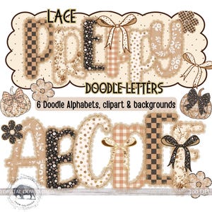 Lace Herbst Alphabet Bundle PNG, Brown Thanksgiving Doodle Buchstaben, Preppy Grandmillenial Blumenschrift, 6 Alpha Set & Clipart, Festzelt Bulletin