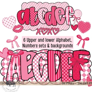 以下が含まれることがあります： ピンク色の文字、ハート、リボン、そして「6 Upper and lower Alphabet, Numbers sets & backgrounds」のテキストが特徴のデジタルデザイン。文字にはストライプや市松模様など、さまざまなパターンがあります。ロリポップと唇も含まれています。