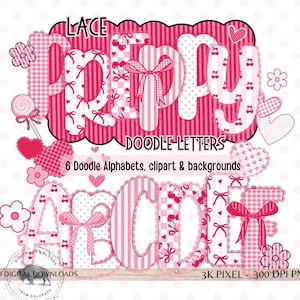 May include: A digital design with the text "Lace Preppy Doodle Letters" in pink and white, decorated with cherries, bows, hearts, and flowers. The design also includes the text "6 Doodle Alphabets, clipart & backgrounds".