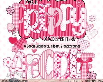 Lace Valentine Alphabet Bundle PNG, Red Pink Doodle letters, Cherry Grandmillenial Holiday hearts coquette, 6 Alpha Set & Clipart