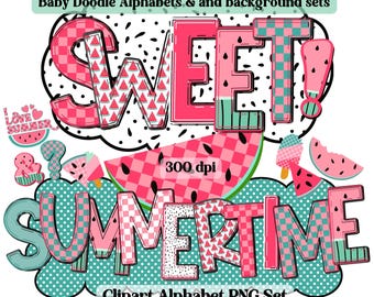 Alfabeto de verano en PNG, paquete de letras brillantes a cuadros, alfabeto de sandía estilo doodle, letra doodle roja y verde, fondo de dálmata, letras de marquesina