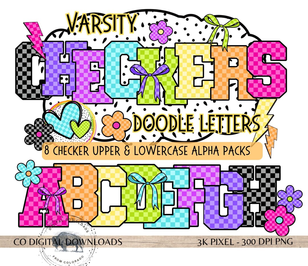 Colorful Checker Alphabet Bundle PNG, Bright Varsity Alpha Doodle ...