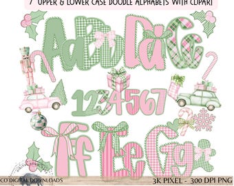 Pacchetto di alfabeto natalizio preppy pastello in formato PNG, lettere doodle rosa e verdi dell'alfabeto, coquette di pan di zenzero Grandmillennial Holiday con clipart