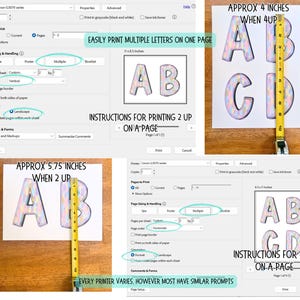 Puede incluir: Una gu&iacute;a para imprimir varias letras en una p&aacute;gina. La imagen muestra la configuraci&oacute;n de la impresora, incluidas las opciones de tama&ntilde;o de p&aacute;gina, orientaci&oacute;n y orden de las p&aacute;ginas. Se muestran las letras A, B, C y D, con medidas de aproximadamente 10 cm y 14,6 cm.