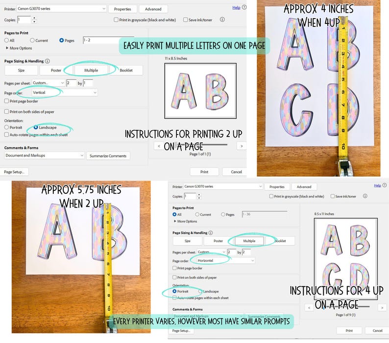 Puede incluir: Una gu&iacute;a para imprimir varias letras en una p&aacute;gina. La imagen muestra la configuraci&oacute;n de la impresora, incluidas las opciones de tama&ntilde;o de p&aacute;gina, orientaci&oacute;n y orden de las p&aacute;ginas. Se muestran las letras A, B, C y D, con medidas de aproximadamente 10 cm y 14,6 cm.