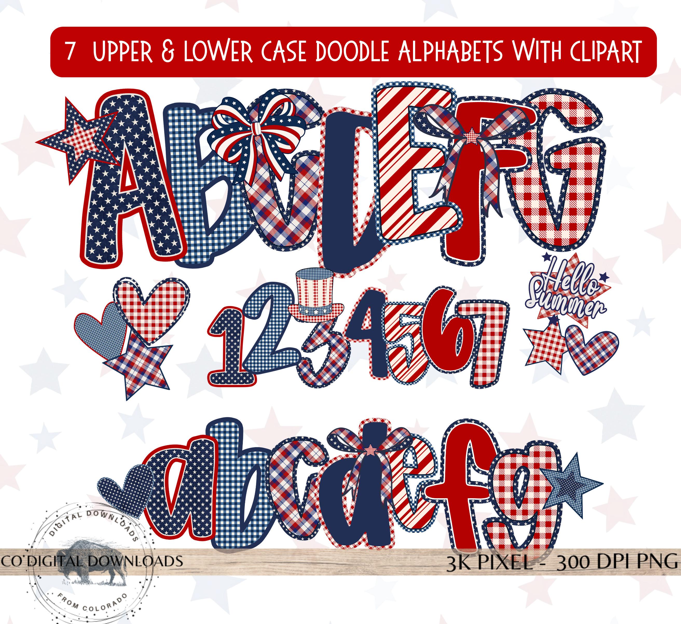Preppy 4th of July Alphabet Bundle PNG, Red Blue Doodle Letters ...