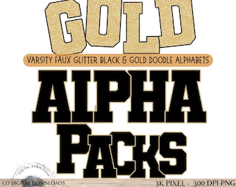 Varsity Alphabet Bundle PNG & numbers, Black Gold Doodle font, faux glitter printable letters, team sports alpha, football bulletin board