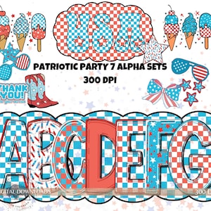 Patriottisch geblokt alfabetbundel png, alfakrabbelletters, geruite letter png, retro 4 juli, 7-alfaset, rood wit blauw VS-letter