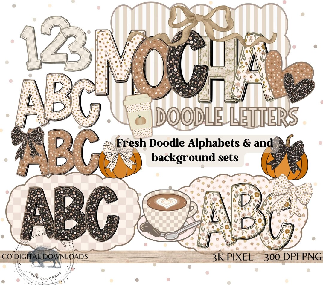 Preppy Floral Alphabet PNG Bundle, Fall Doodle Letters, Brown Doodle ...