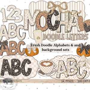 Pacote de alfabeto floral preppy PNG, letras de outono, Doodle Alpha marrom coquete, fonte Boho de outono, boletim de letras e números, letras de letreiro