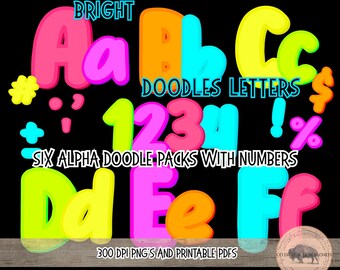 Bright Alphabet Bundle PNG PDF, Neon Alpha Doodle letters, Colorful Letters PNG, Neon Color Alpha Set, Printable bulletin, Upper & Lower set