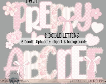 Paquete de alfabeto rosa de encaje PNG, letras garabateadas femeninas, fuente preppy primaveral Grandmillenial, corazones coquetos, conjunto y clipart de Toile Baby Alpha
