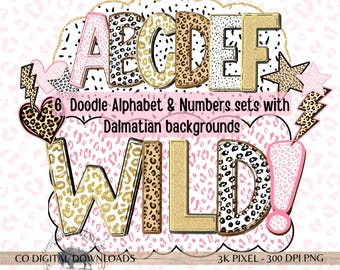 Leopard print alphabet png bundle, cheetah doodle font letters and clipart, Pink gold glitter alpha Font, printable bulletin Marquee
