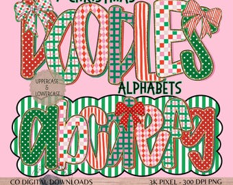 Preppy Christmas Alphabet Bundle PNG, Christmas Doodle letters, Grandmillenial Holiday christmas font, red green christmas bulletin board