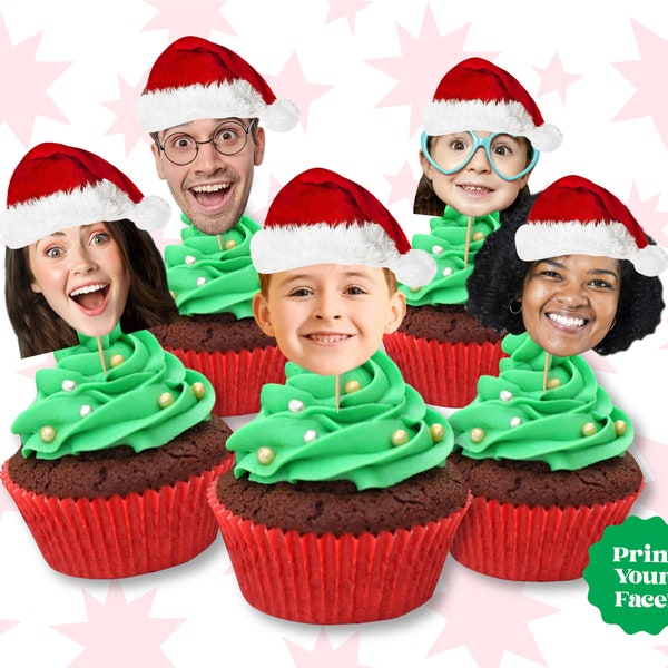 Santa Hat Custom Photo Cupcake Toppers - Custom Christmas Photo Cupcake- Santa Photo Decorations- Santa Hat Custom -Christmas Party Supplies