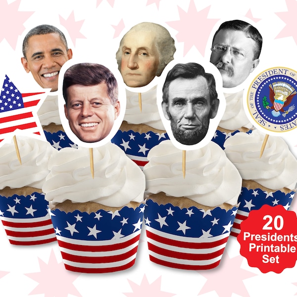 President Party Cupcake Toppers - USA Presidents Cupcake - 4th July Decorations - Presidents Day - United States Presidents - USA Party