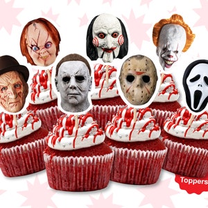  24 adornos comestibles para cupcakes con temática de personajes  de terror de Halloween, discos de pie, decoraciones para tartas : Comida  Gourmet y Alimentos