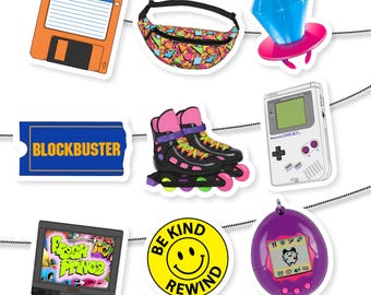 May include: A collection of 90s-themed stickers, including a floppy disk, a fanny pack with a colorful geometric pattern, a large diamond ring, a Blockbuster ticket, roller skates, a Game Boy, a TV with "Fresh Prince" text, a "Be Kind Rewind" smiley face, and a Tamagotchi.