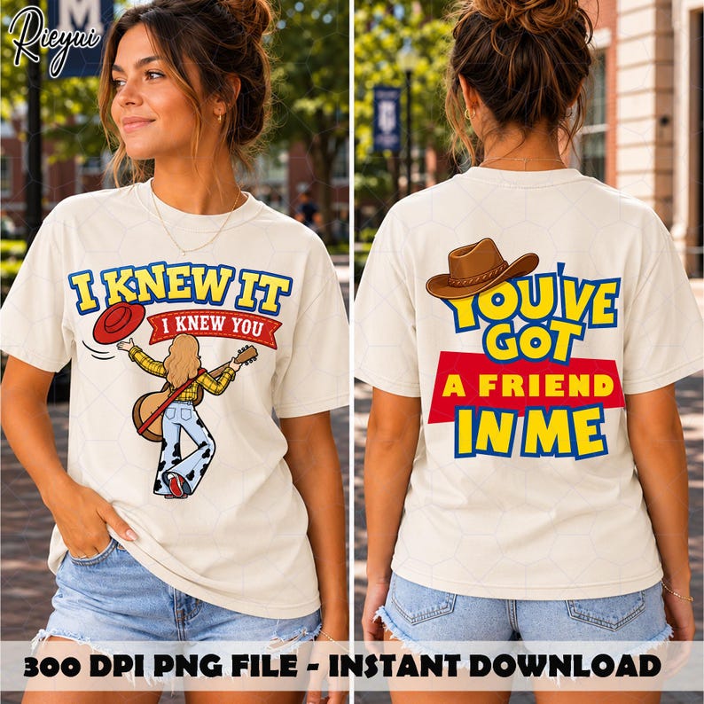 May include: An off-white t-shirt featuring a graphic on the front with a cartoon character holding a guitar and a red hat, with the text I KNEW IT I KNEW YOU. The back displays a brown cowboy hat and the text YOU'VE GOT A FRIEND IN ME.