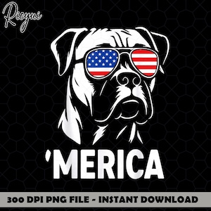 Peut inclure: Une illustration graphique d'un chien portant des lunettes de soleil avec le motif du drapeau américain sur les verres. Le chien est blanc sur fond noir avec le texte 'MERICA' en lettres capitales blanches sous la tête et 'Rieyni' en haut à gauche.