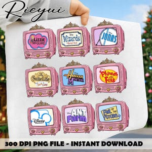 May include: A sheet of pink retro television stickers featuring various Disney Channel shows, including "Lizzie McGuire," "Wizards of Waverly Place," and "Hannah Montana." Each TV has a crown and heart details. The text "300 DPI PNG FILE - INSTANT DOWNLOAD" is at the bottom.