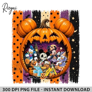 May include: A digital graphic featuring a large carved jack-o'-lantern with mouse-shaped ears. Inside the pumpkin are cartoon characters in Halloween costumes, including a duck, a mouse, and a dog. The background has orange and black stripes.