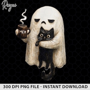May include: A digital illustration of a white ghost with a sad expression holding a brown mug with the text MEH and a wisp of steam rising from it. The ghost is embracing a small black cat with large eyes and long whiskers against a black background.