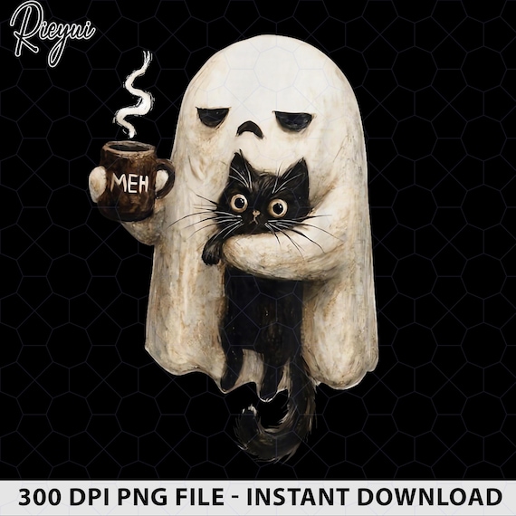 Funny Halloween Ghost Cat PNG, Meh Coffee Spooky Sublimation Design, Introvert Black Cat Shirt Graphic, Retro Fall Digital Download