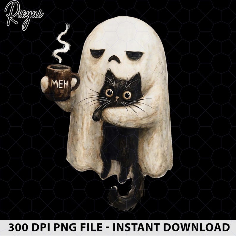 May include: A digital illustration of a white ghost with a sad expression holding a brown mug with the text MEH and a wisp of steam rising from it. The ghost is embracing a small black cat with large eyes and long whiskers against a black background.