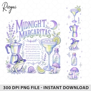 Peut inclure: Une illustration numérique avec le texte Midnight Margaritas, un verre à margarita, une cafetière italienne, une grenouille avec un chapeau de sorcière, un escargot, des champignons, de la lavande et une fiole. Le design inclut un poème et des étoiles.