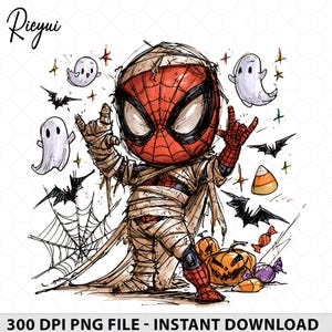 May include: A digital illustration of a character with a red and black spider-themed mask wrapped in beige mummy bandages, making a rock-and-roll hand gesture. The scene includes white ghosts, black bats, orange pumpkins, and candy corn.