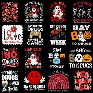 Puede incluir: Una colección de dieciséis diseños gráficos con temas de la Red Ribbon Week y contra las drogas. Las ilustraciones incluyen fantasmas, esqueletos, calabazas, mandos de juego y arcoíris, todos con cintas rojas, textos como Say No To Drugs y varios patrones festivos sobre un fondo negro.